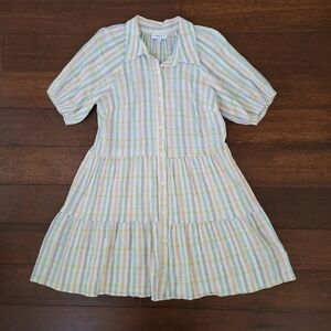 GILLI Women's Seersucker Pastel Stripe Fit & Flare Short Sleeve Dress Size L